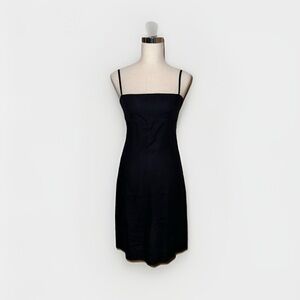 Jigsaw Sleeveless Spaghetti Strap Linen Black Dress Square Neck Knee 8 UK 6 US